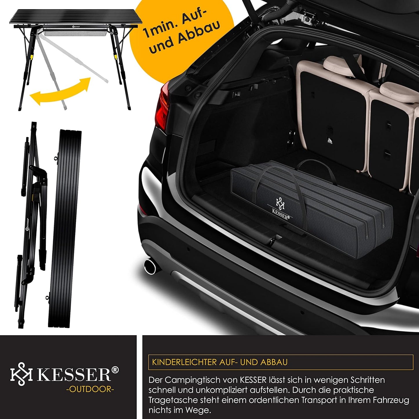 Faltbarer Campingtisch mit Aluminiumrahmen, 90 cm x 53 cm Schwarz