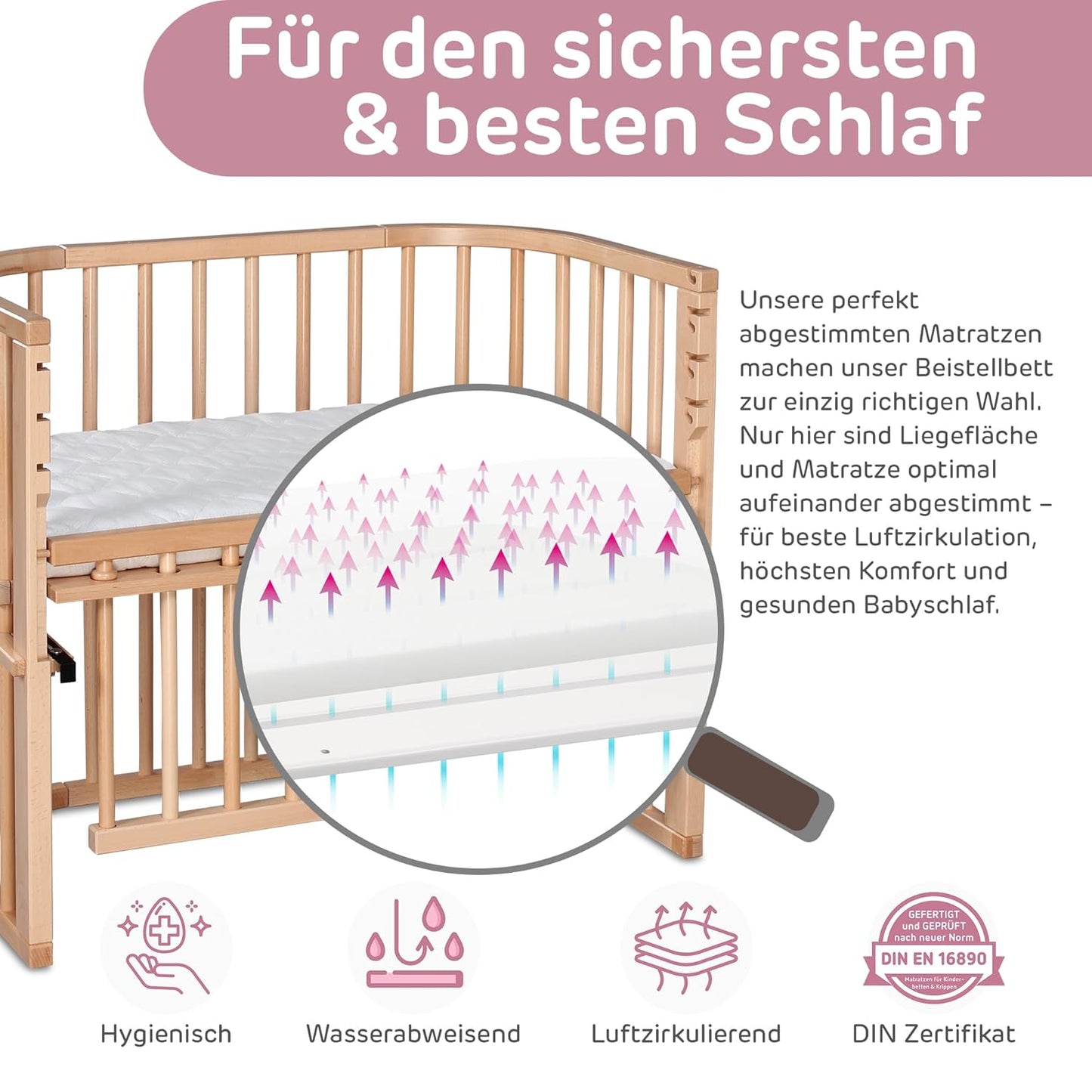 Maxi Comfort Plus Beistellbett, Natur Lackiert ; 96L x 56.5B x 79H cm ; Ohne Matratze