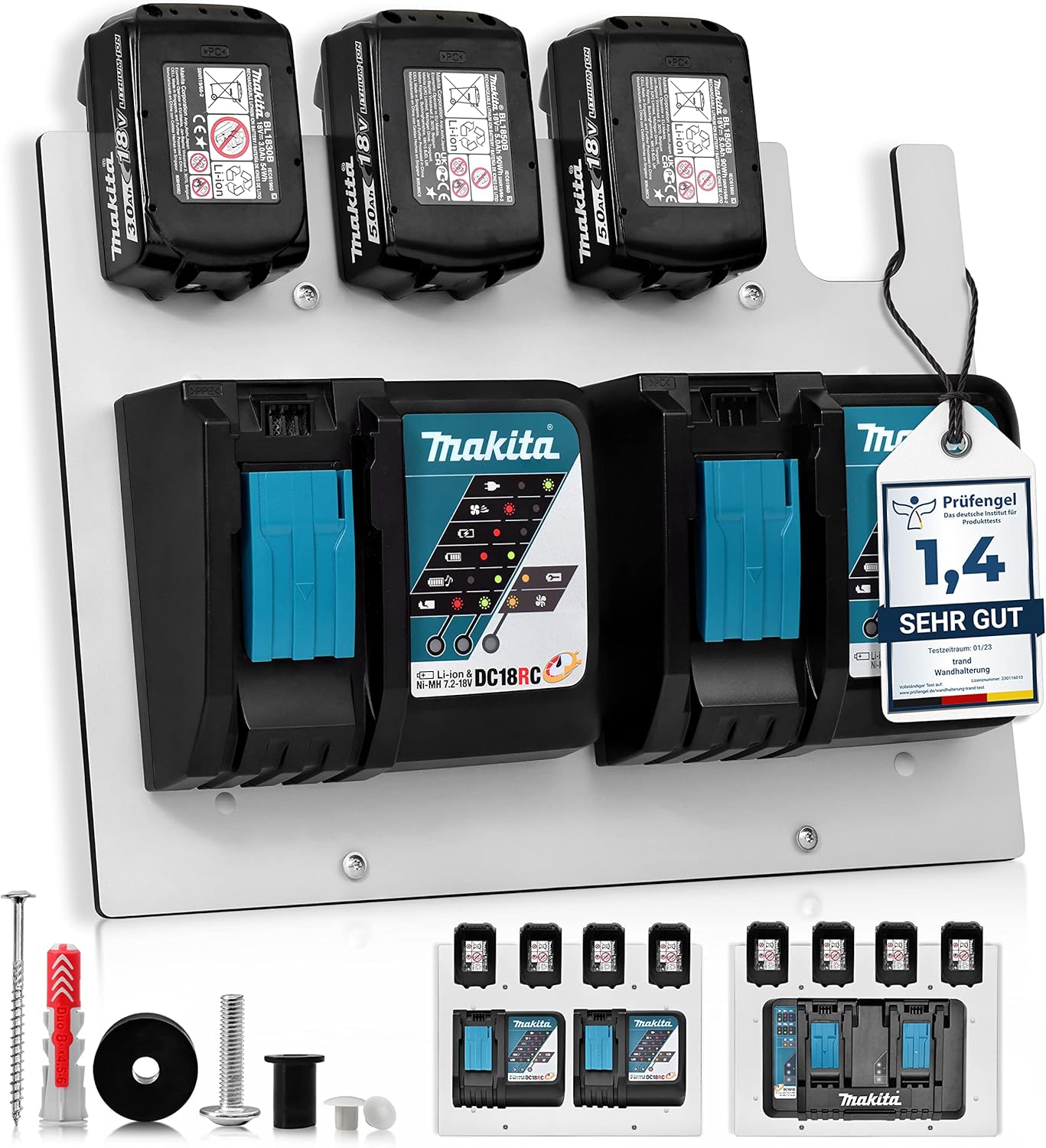 Wandhalterung für Makita Akkus & Ladegeräte, 1x Halter für 4 Akkus & Ladegerät