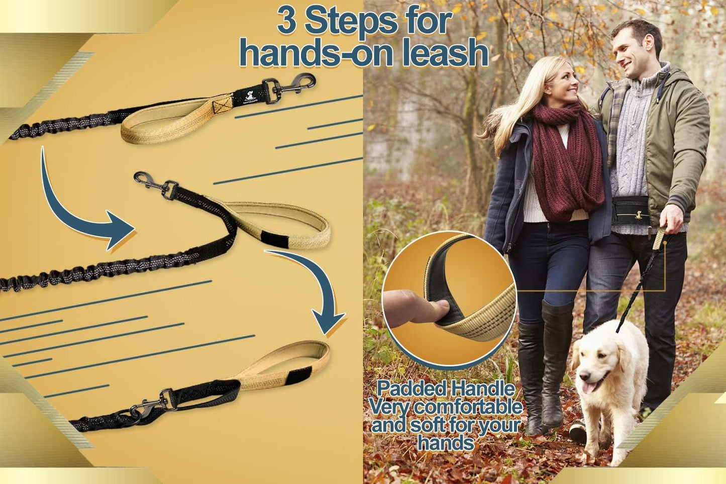 2 in 1 Joggingleine für Hunde mit Doppelgriff, Stossdämpfer und Bauchgurt, Premium-Gold Für ein Hund