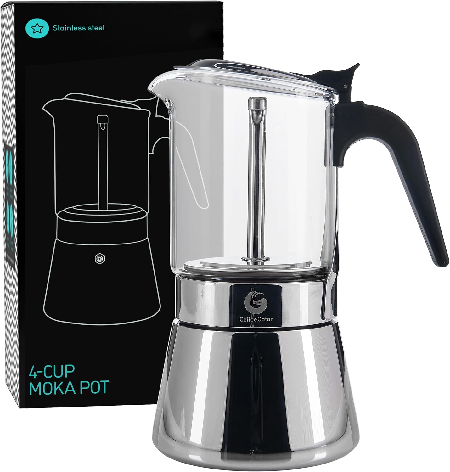 Espressokocher aus Glas für 4 Tassen, Edelstahl 4 Tasse/200ml