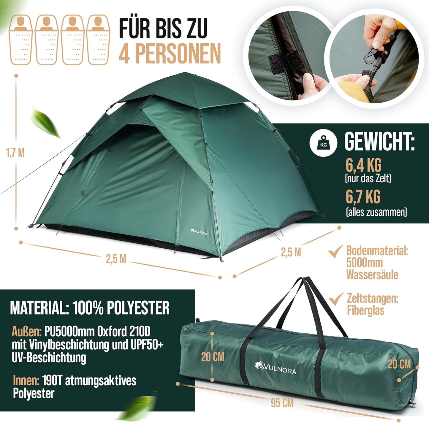 Pop Up Wurfzelt für 4 Personen, Dunkelgrün