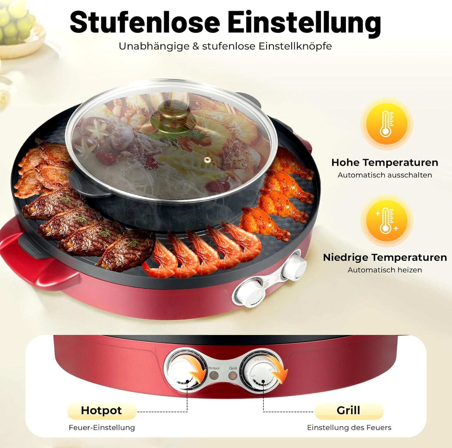 Elektrischer Hot Pot & Grill 2-in-1, Rot