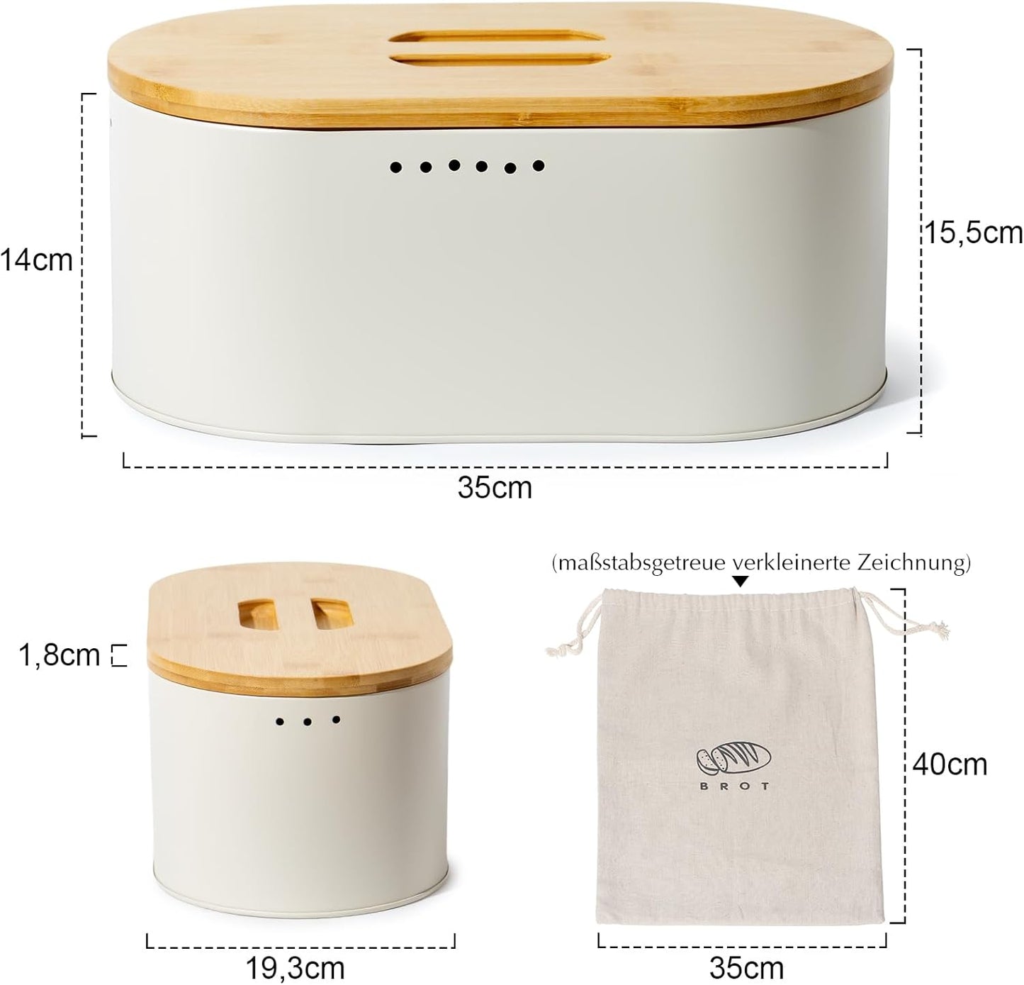 Brotkasten mit Bambusdeckel und Brotbeutel, 8l-beige-35*19,3*15,5cm
