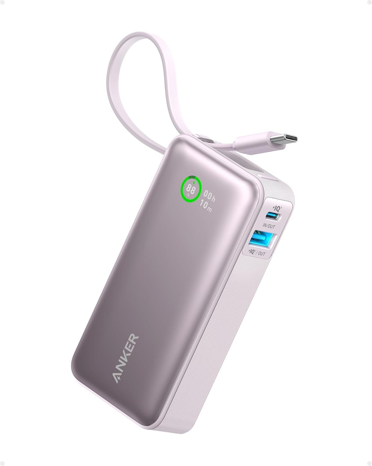 Nano Powerbank mit integriertem USB-C-Kabel, Flieder