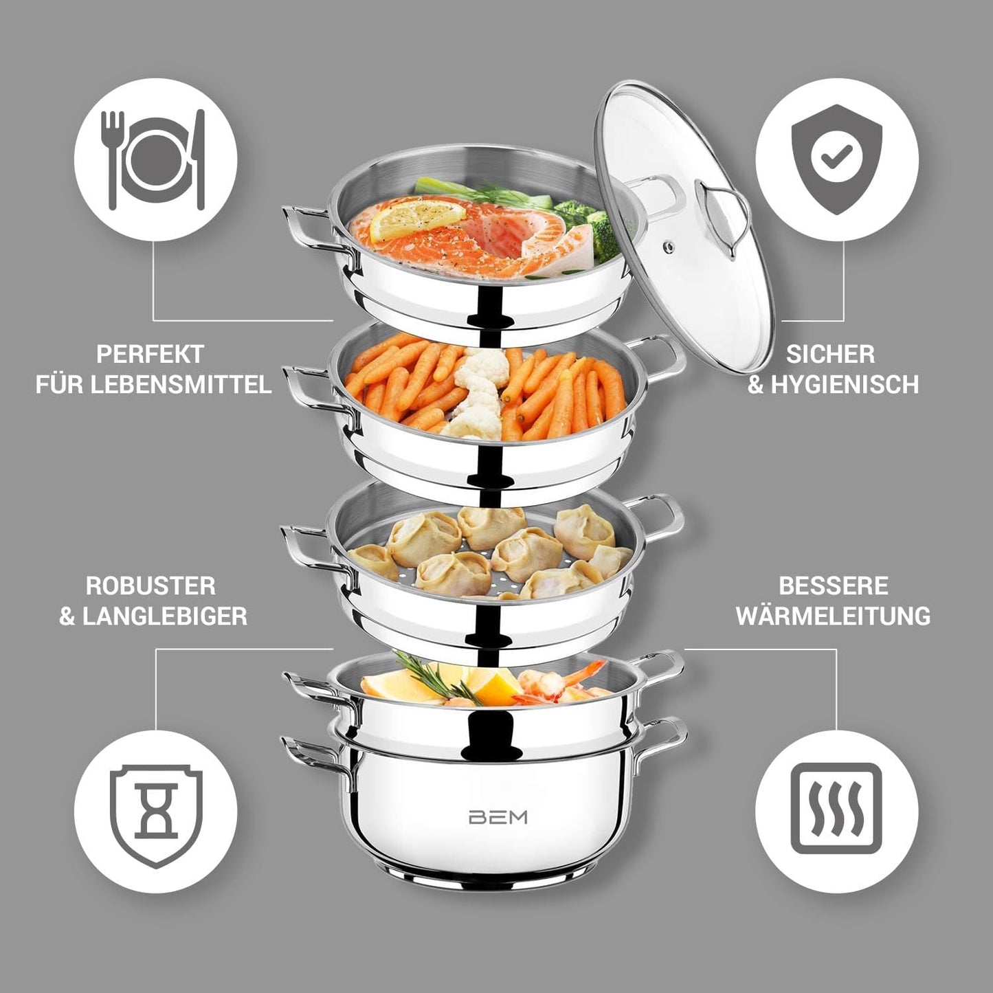 6-teiliges Dampfkochtopf Set mit Dampfeinsatz, Ø 28 cm