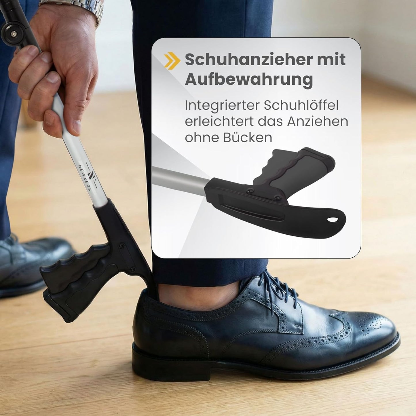 Faltbare Greifzange mit Schuhanzieher, Schwarz Silber