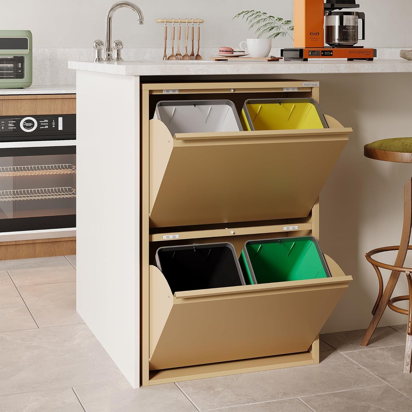 Küchen Mülltrennsystem mit Klappdeckel, 4x15L, Beige, 4 X 15 L