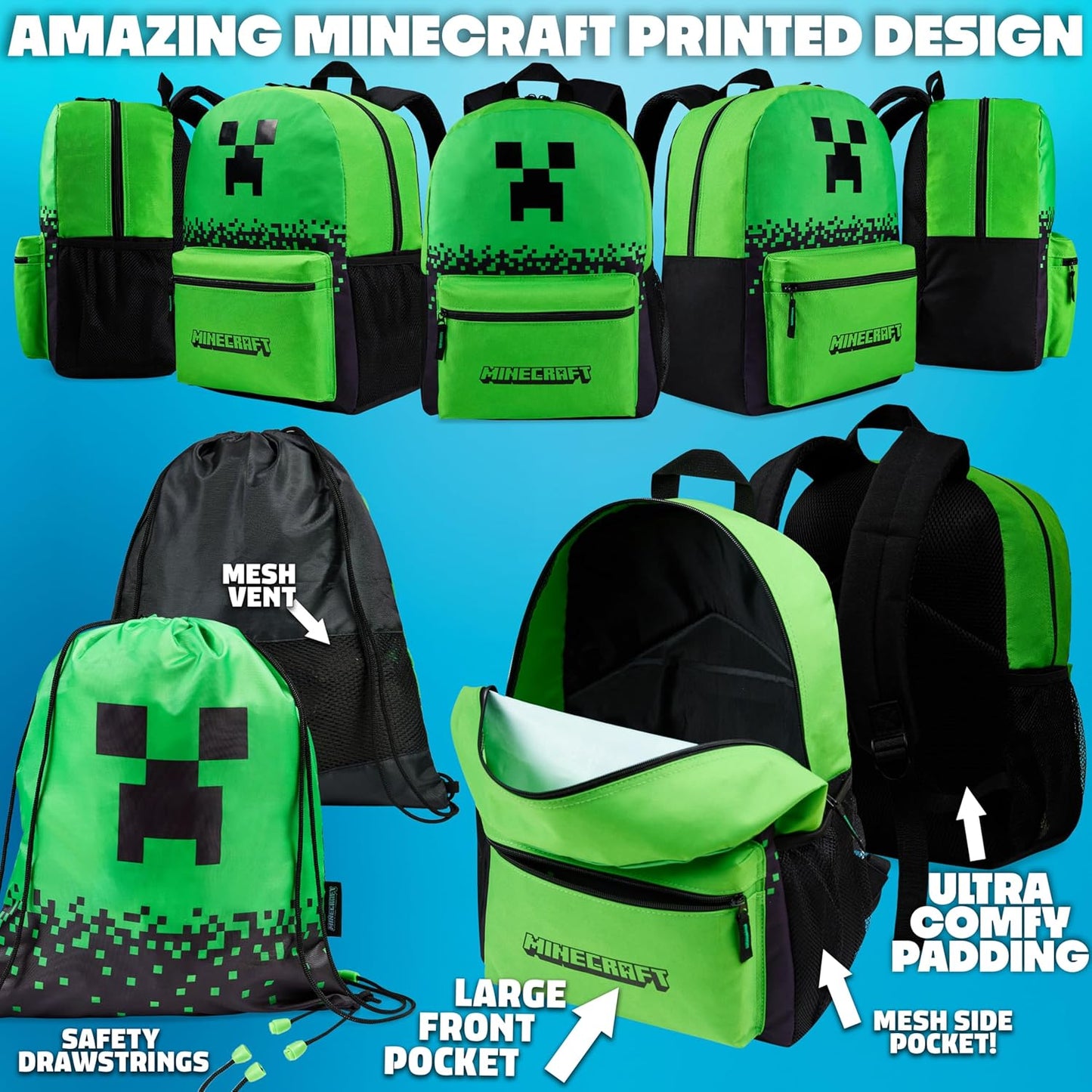 Minecraft Schulrucksack-Set, Grün Rucksack-Set 5-teilig