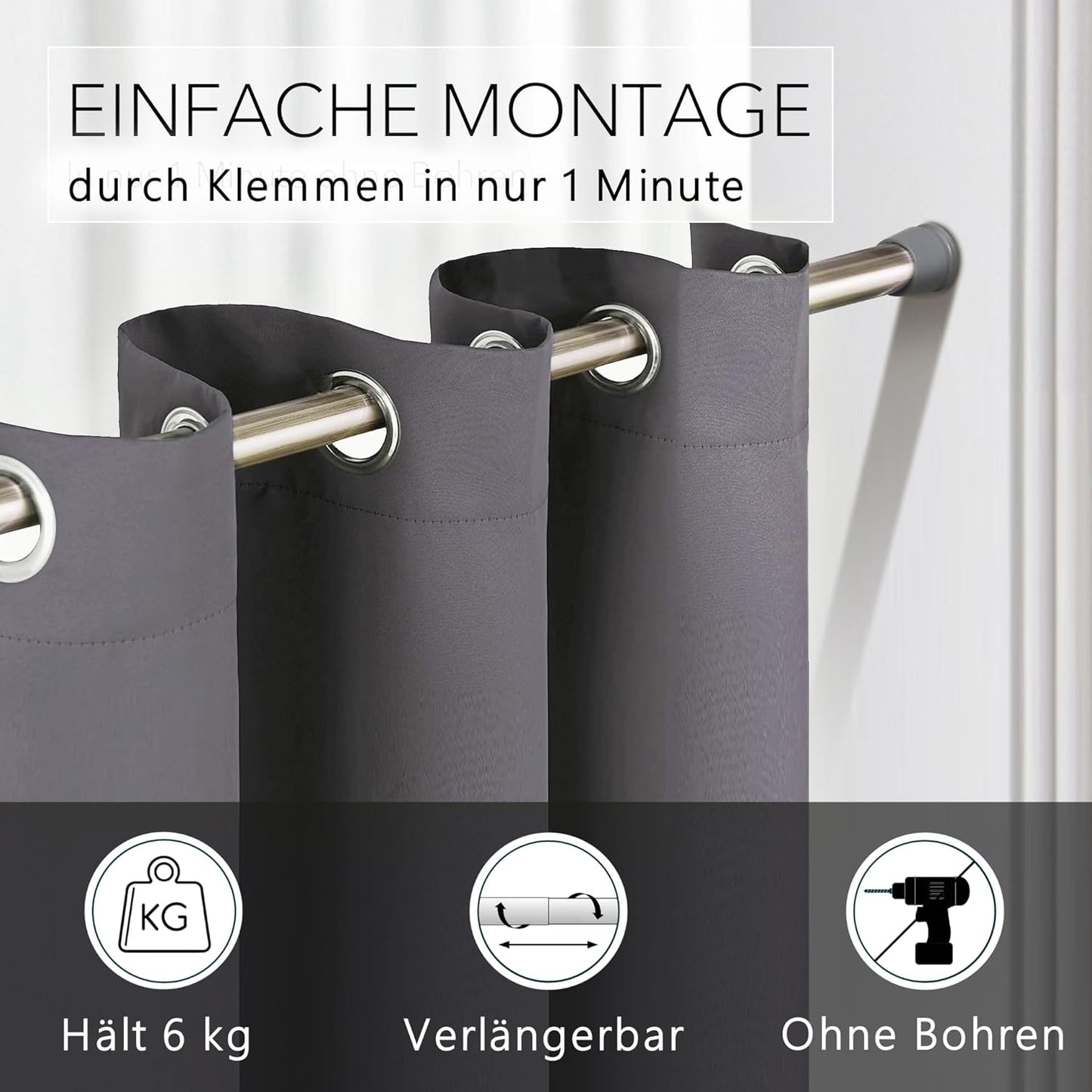 Türvorhang mit Teleskopstange, H210 x B150 cm (1er Pack) / Türvorhang Grau + Stange Silber 55-90 Cm
