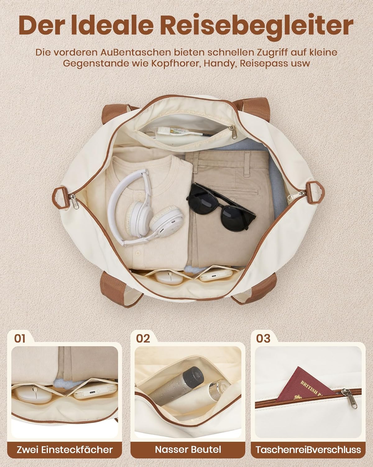 Reisekoffer-Set mit TSA Schloss, Mittlerer Koffer-Set 3tlg Creme/Braun