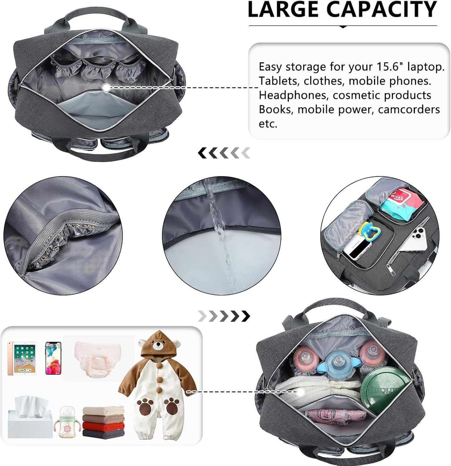 Baby-Wickeltasche Eq2411 mit isolierten Fächern und Wickelauflage, L, Grosse Tasche mit Wickelauflage Dunkelgrau