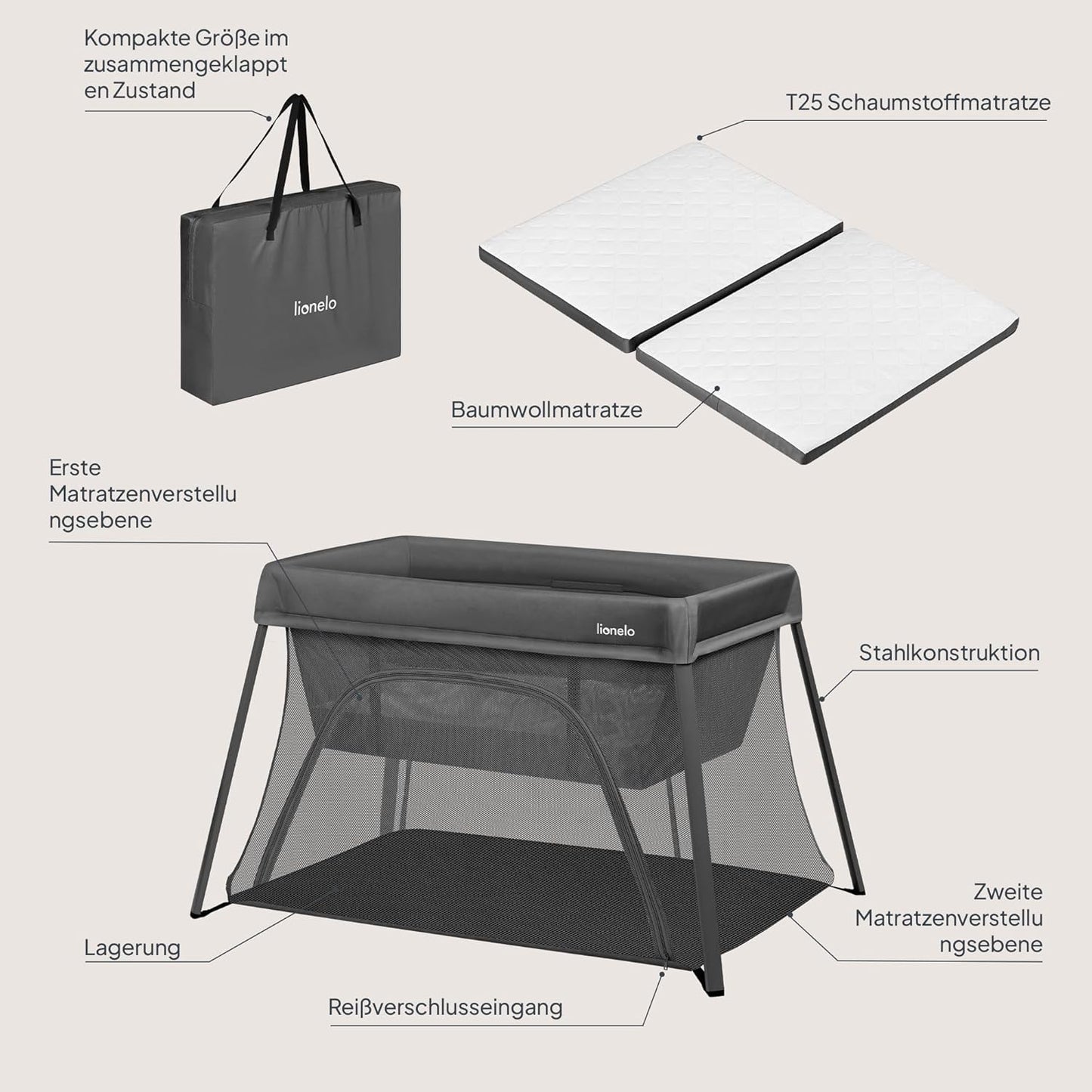 3-in-1 Reisebett Alice, Grau