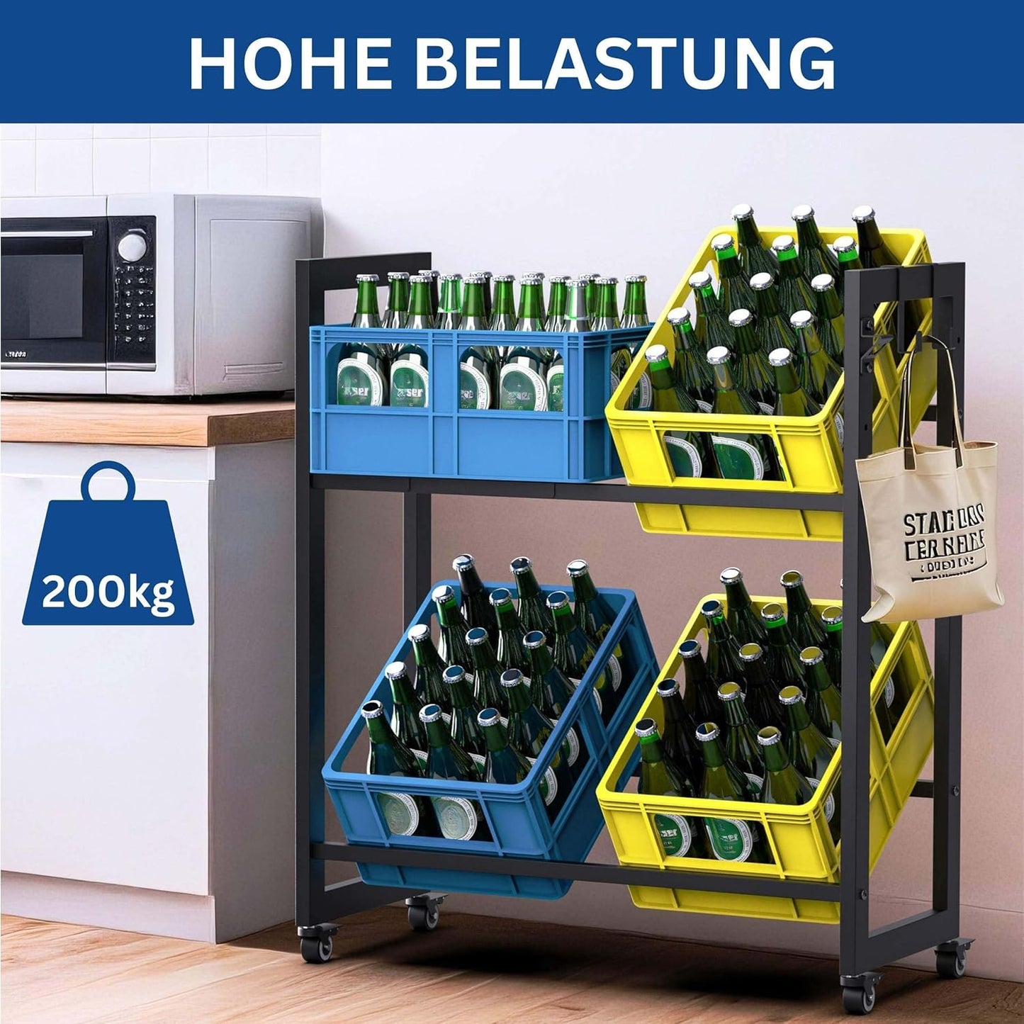 Getränkekistenregal mit Rollen und Haken
