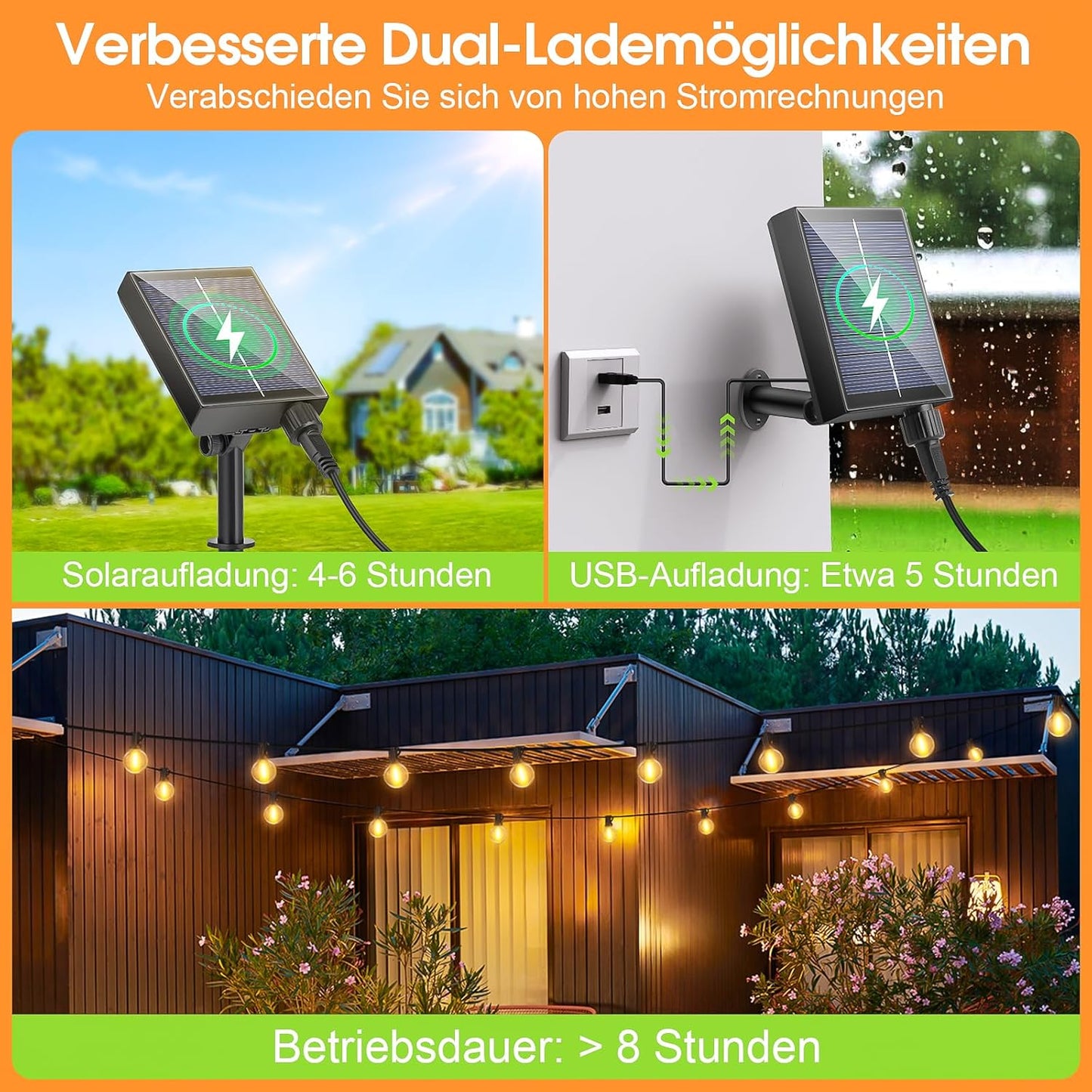 Solar Lichterkette mit Fernbedienung und G40 Glühbirnen, 15M Solar