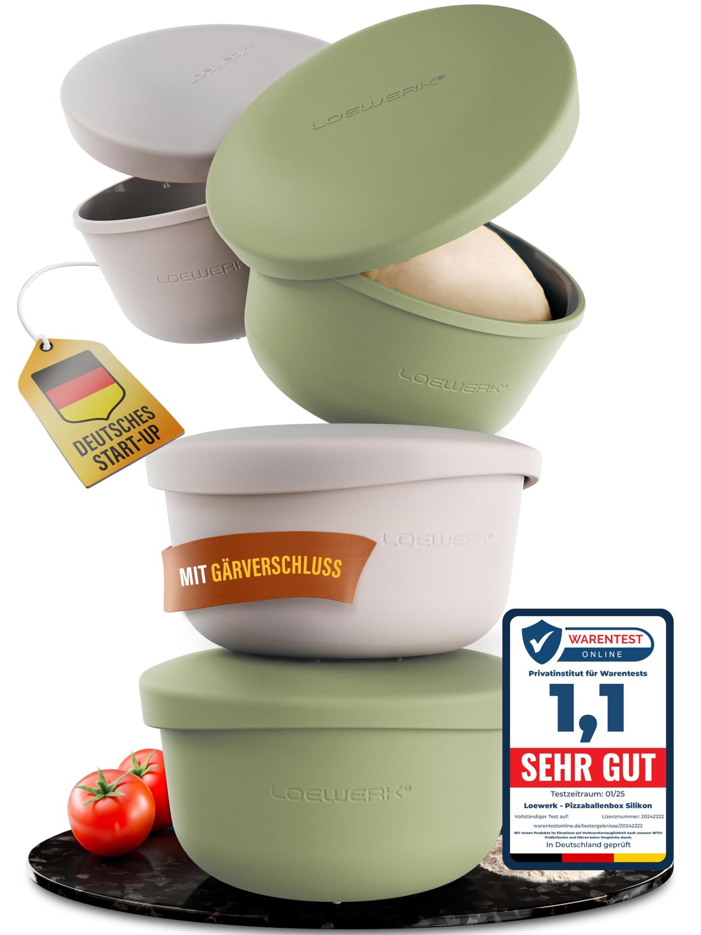 4er-Set Pizzaballenbox mit Deckel, 4 Stück olive+grau