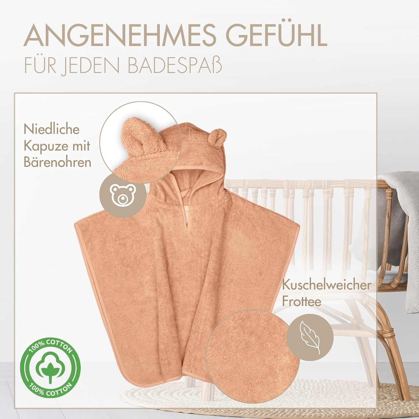 Baby Badeponcho mit Bärenohren, Puder Bärenohren