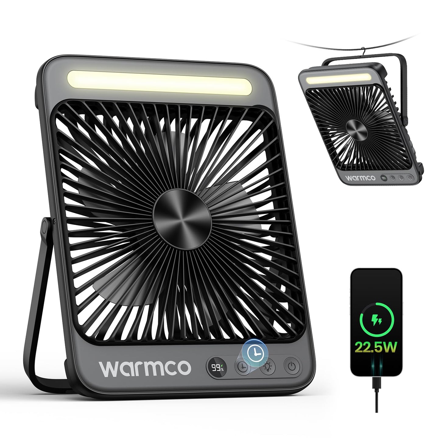 Ultraflacher Akku-Campingventilator mit Lampe