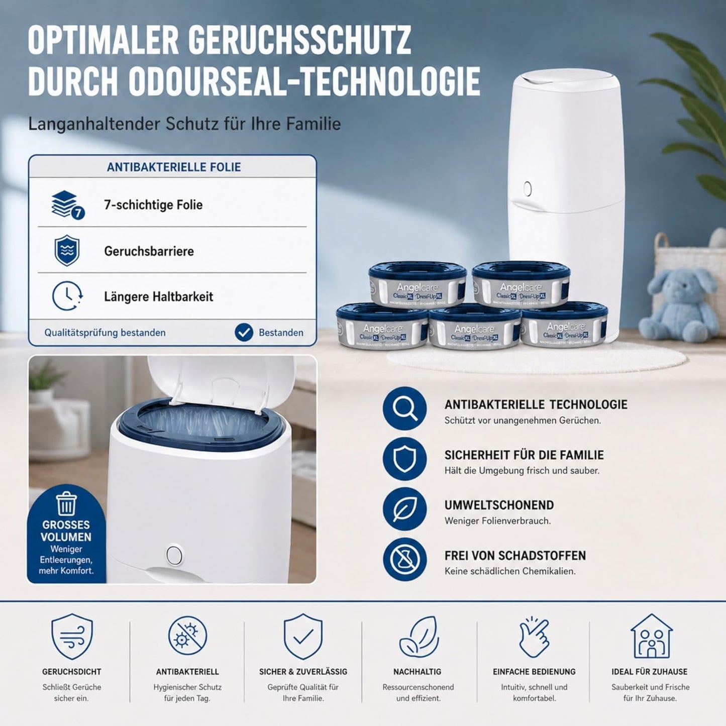 Windeleimer Classic XL mit 5 Nachfüllkassetten, 6-teiliges Set