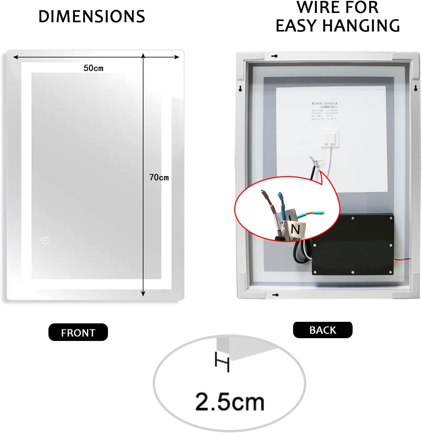 LED Badezimmerspiegel mit Touchschalter 50x70 cm, 70L x 50B cm Led