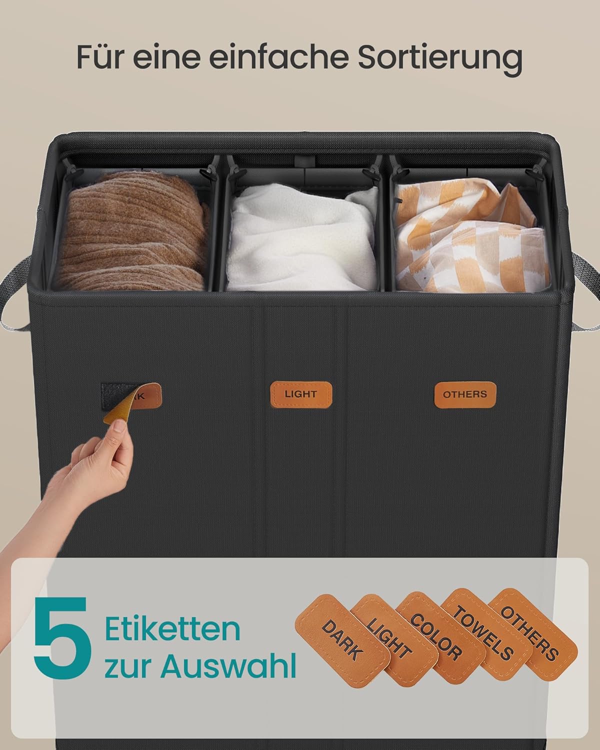 Wäschekorb mit 3 Fächern, 160 L Tintenschwarz