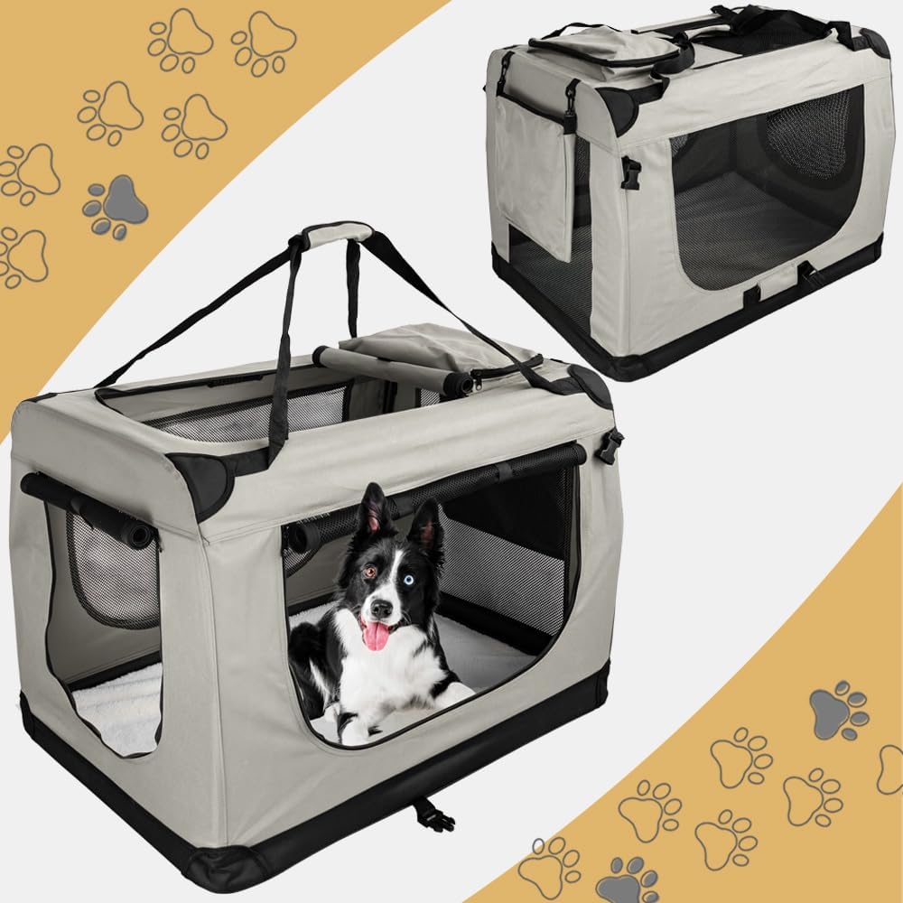 Faltbare Hundetransportbox mit Leckerli-Aufbewahrungstaschen, XL (82 x 57 x 58 cm) Creme