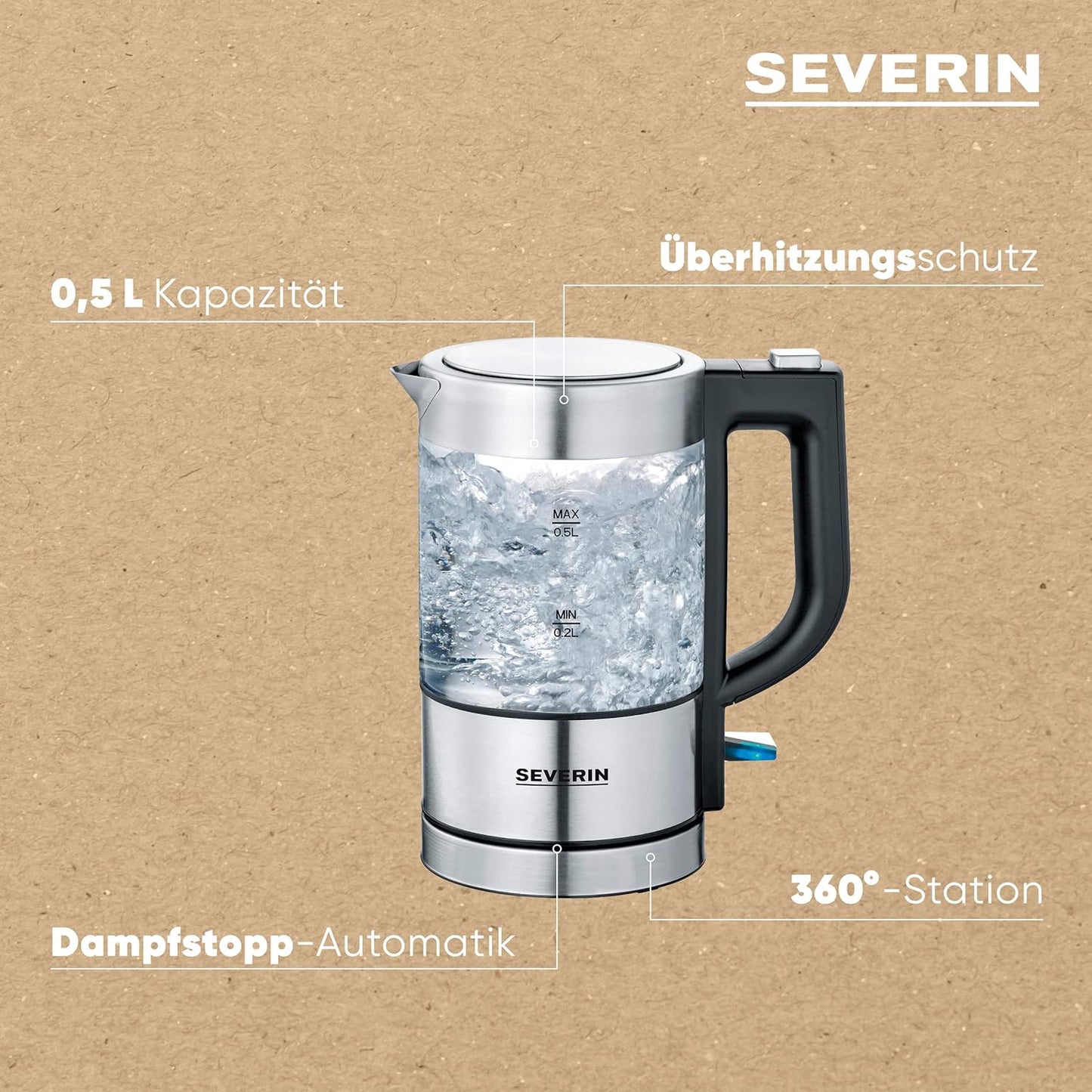 Mini Glas Wasserkocher 0,5 L mit Kalkfilter, 0.5L