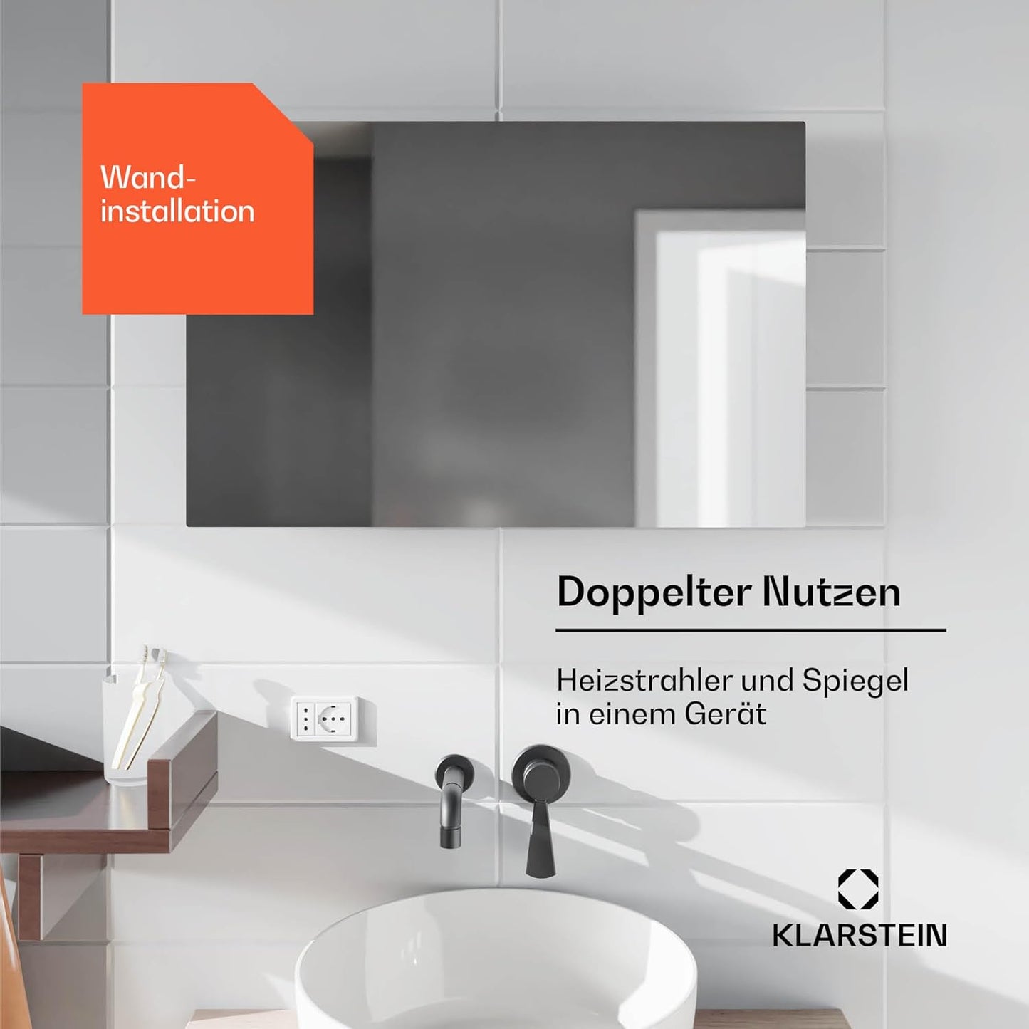 Marvel Mirror Infrarotheizung mit Thermostat und Spiegeloberfläche, 600 W Silber