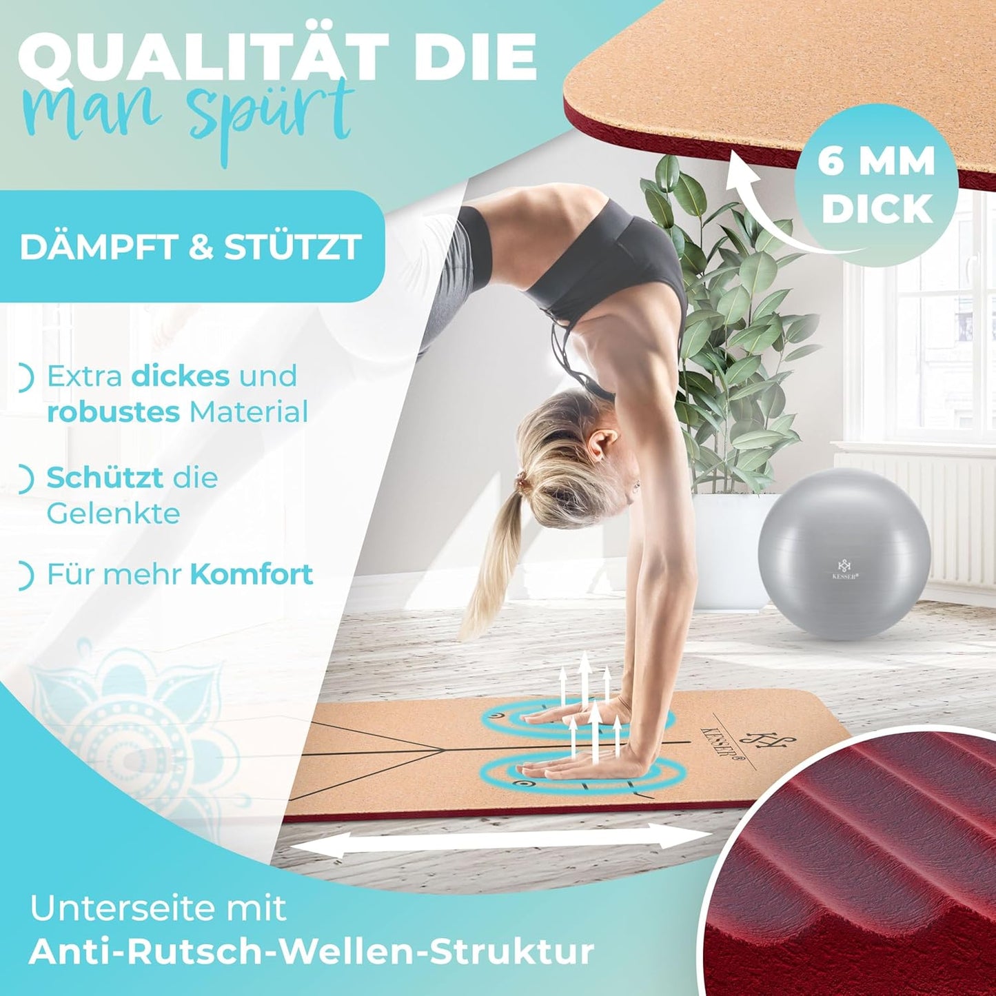 Yogamatte mit Tragegurt & Block, Bordeaux