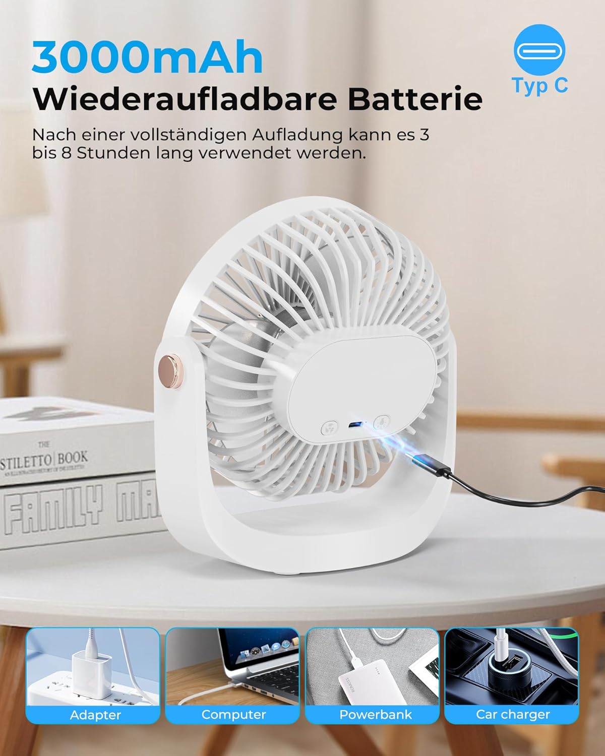 Leiser Tischventilator mit Nachtlicht und USB-Ladung, Weiss