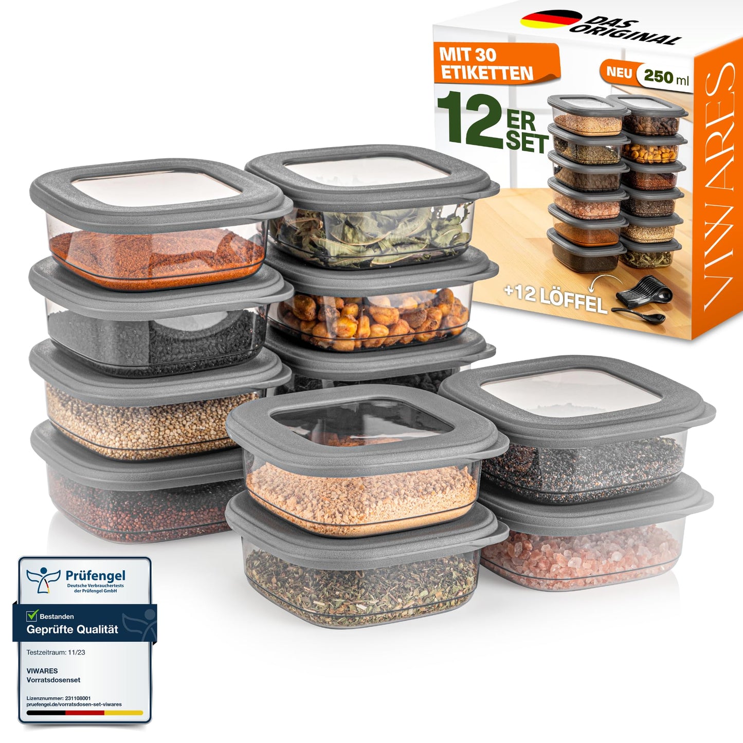 12er-Set Vorratsdosen, 12er Set 250ml Grau