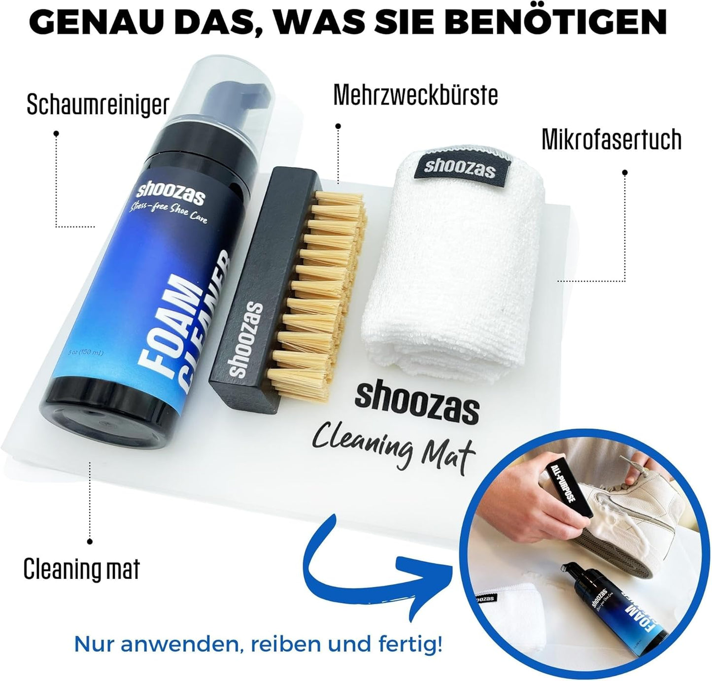 Schuhreinigungsset mit Schaumreiniger & Zubehör, Reinigungsset