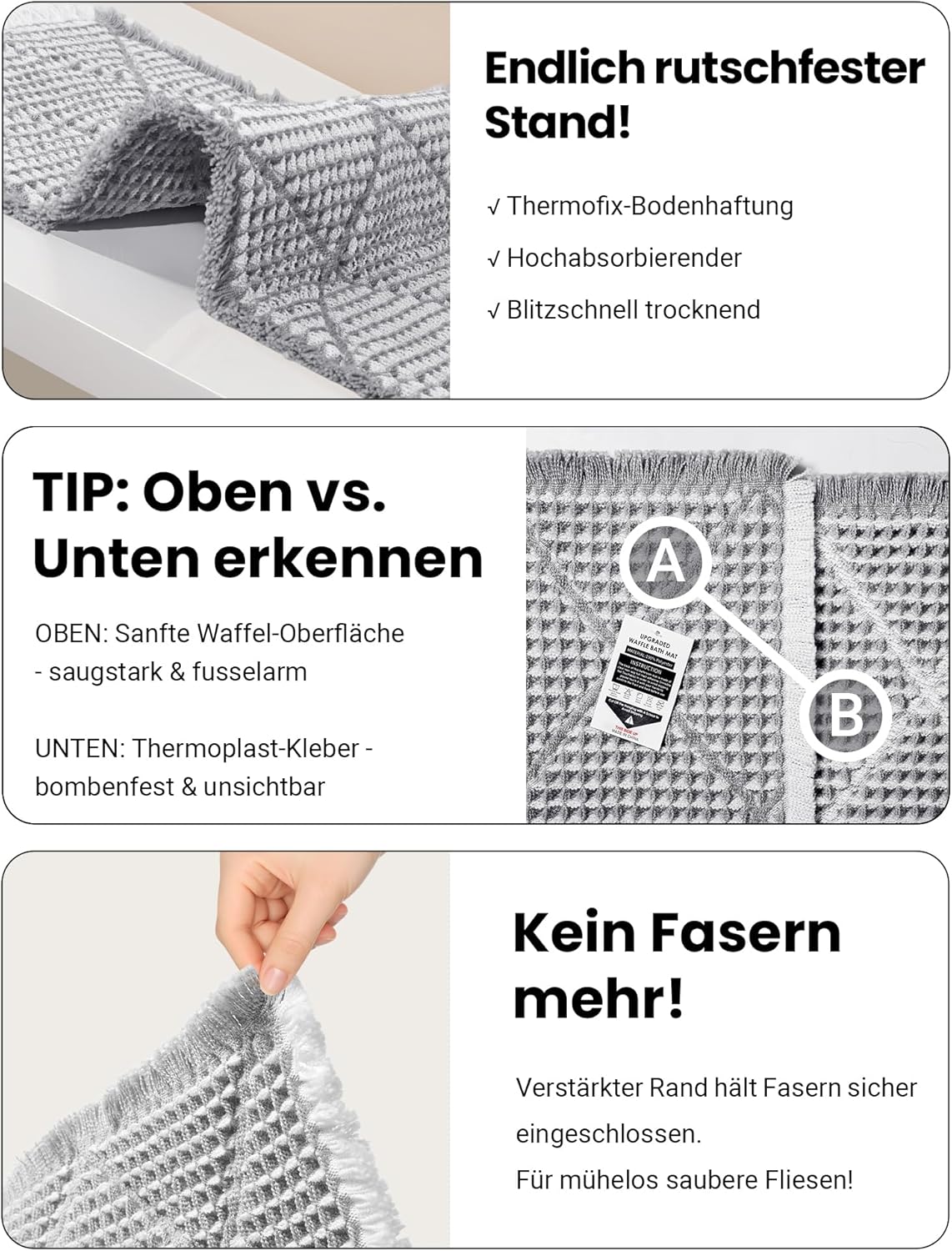 2-teiliges Badezimmerteppich Set, rutschfest und waschbar, Grau