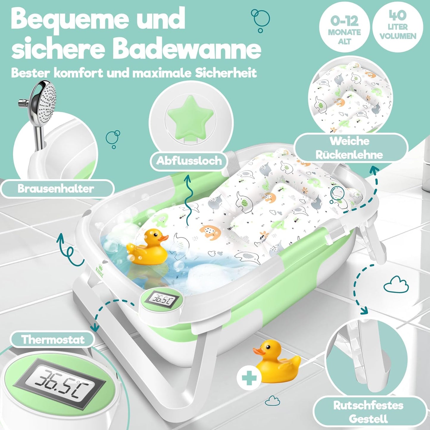Faltbare Babybadewanne mit Thermostat & Kissen, Grün
