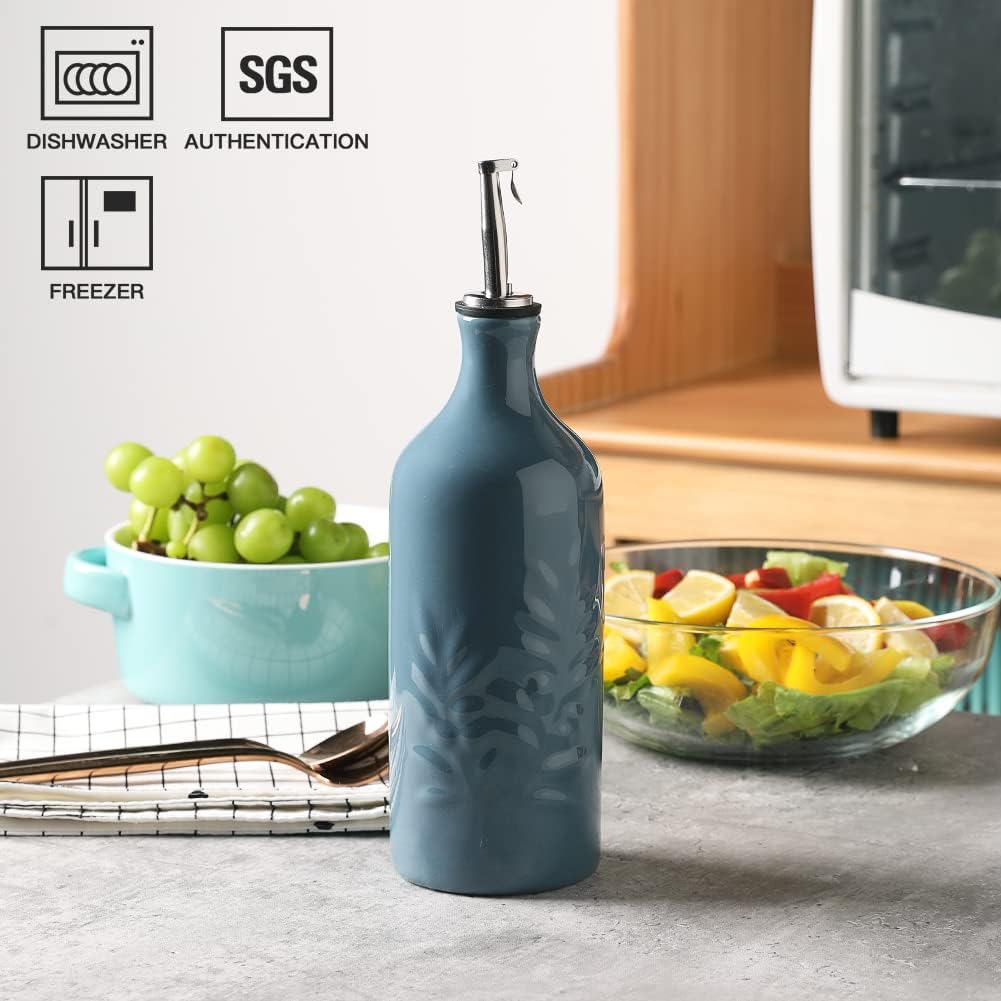 Keramische Olivenölspenderflasche, Nebelblau Olivenblatt Relief 570ml