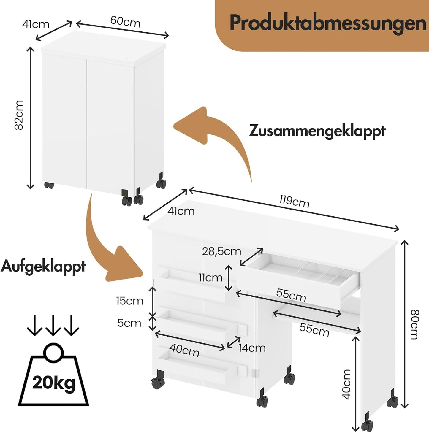 2-in-1 Klappbarer Nähtisch mit Ablagefächern
