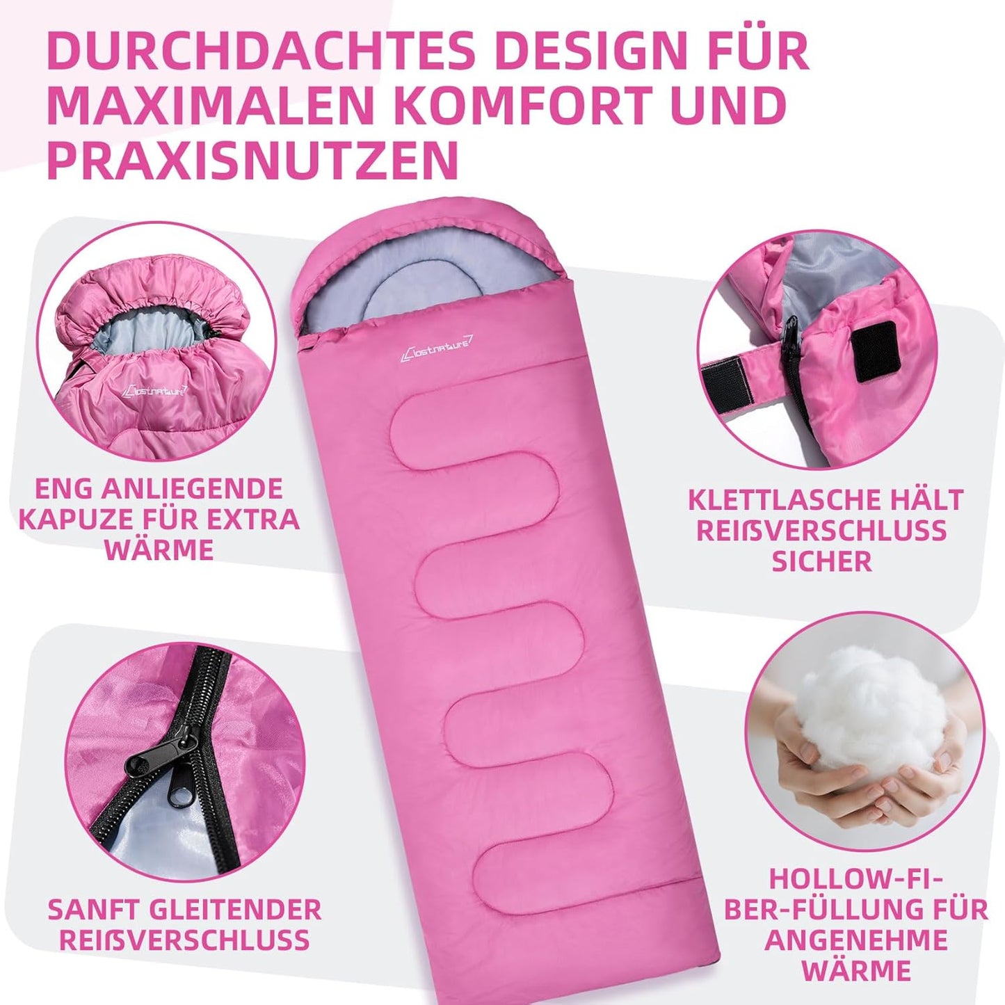 Leichter Camping-Schlafsack mit Kapuze, Rosa 0.9 KG