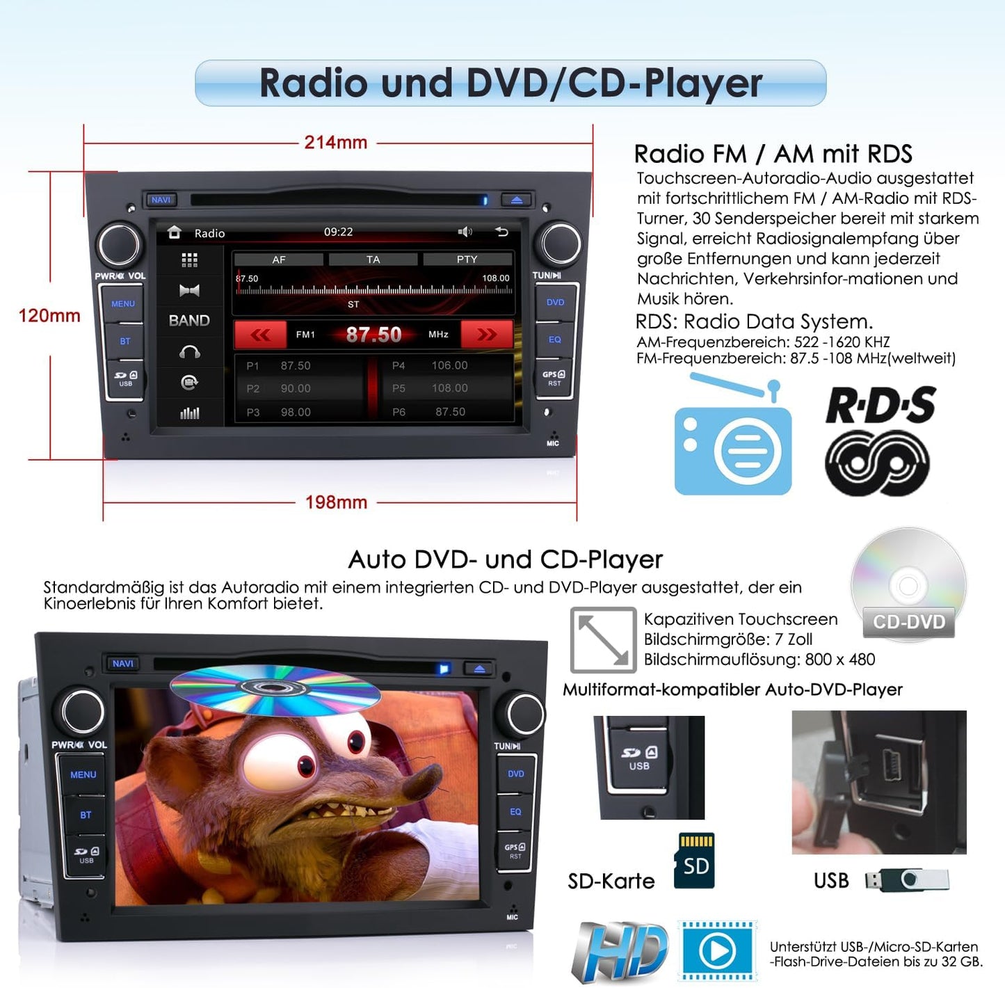 2 Din Autoradio DVD Player mit GPS Navigation, DE-OBT7681B