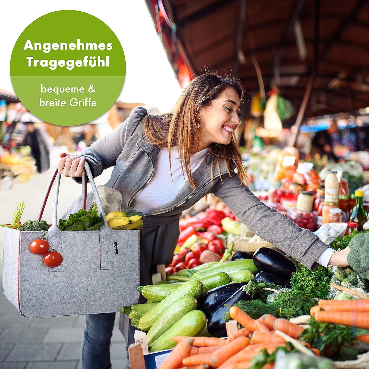 Filztasche Premium Einkaufskorb faltbar, Dunkelgrau 2 / Dunkelgrau 1