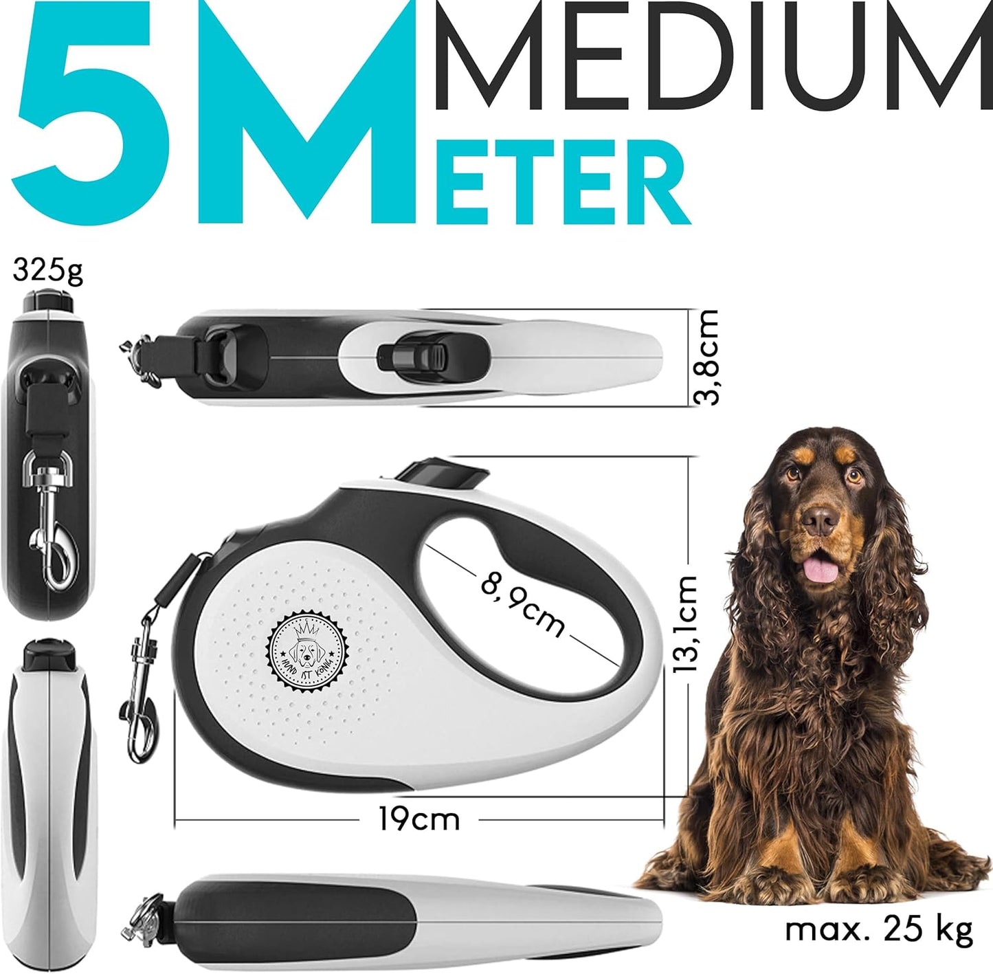 Ausziehbare Hundeleine 5m für Hunde bis 25kg, M | 5m | bis 25kg Weiss | Schwarz