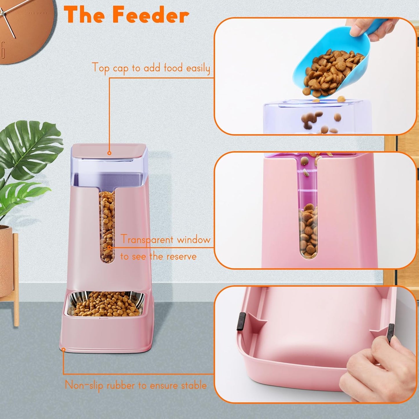 Katzennahrung- und Tränkespender-Set (Schwerkraft, 3,8 l), pink