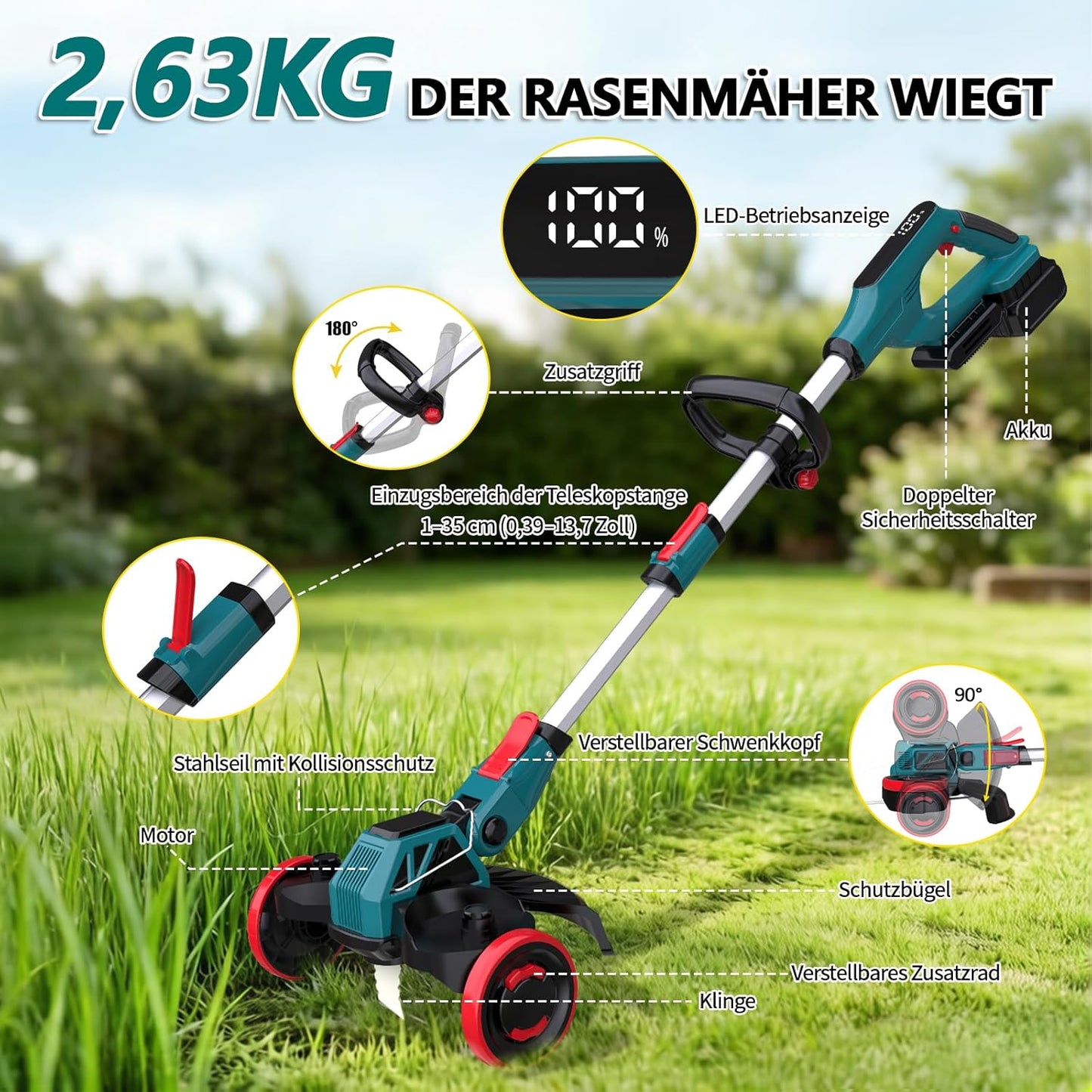 3-in-1 Akku Rasentrimmer mit Unkrautbürste, Blau