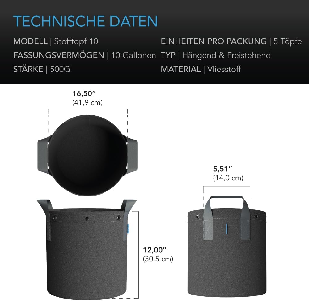 5er-Pack Stofftöpfe, 10 Gallon