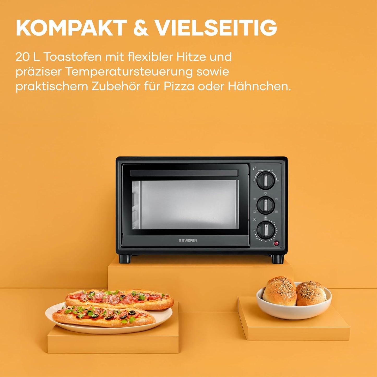 Back- und Toastofen mit Umluftfunktion, 20L, inkl. Pizzastein, NEU 2026: 20L, inkl. Drehspiess & Pizzastein