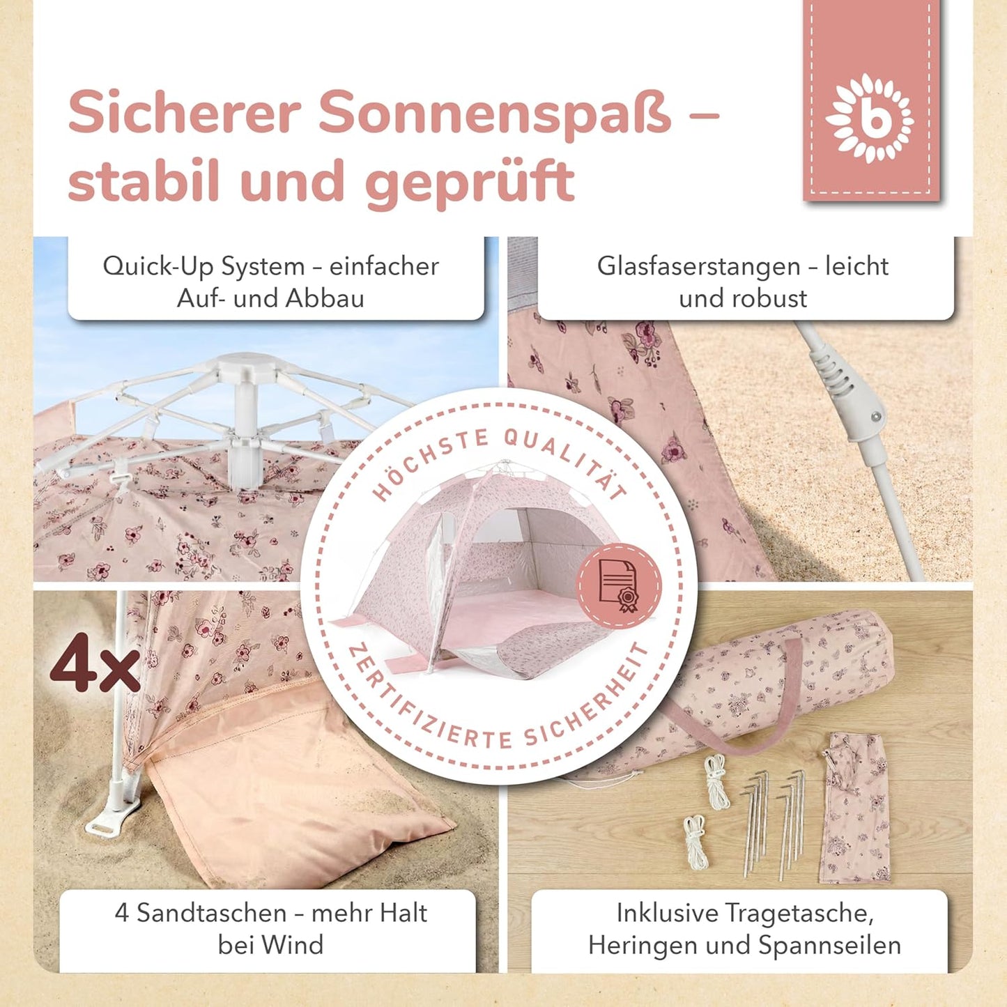 Strandmuschel Pop Up XXL Quick-Up Zelt mit UV Schutz 80+, Strandzelt Dreamy Flowers