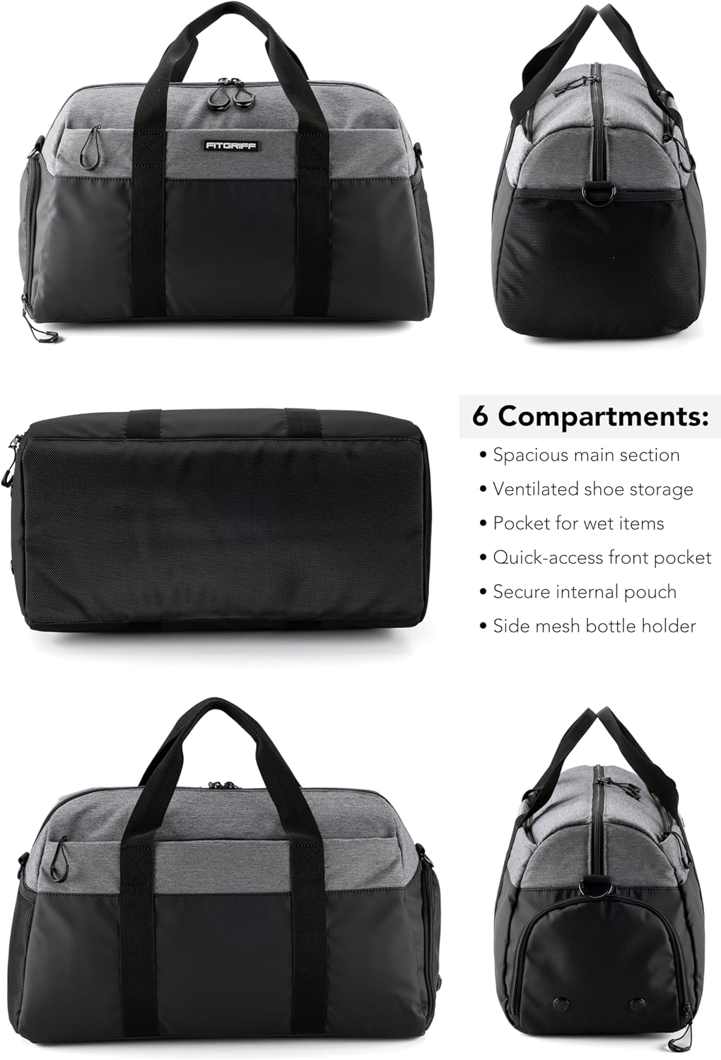 Sporttasche mit Schuh- & Nassfach, Black / Grey 56 x 30 x 32 cm (Medium)