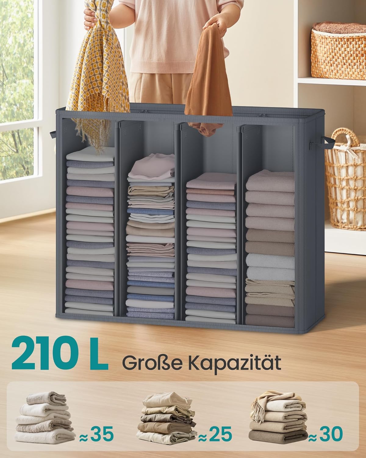 Wäschekorb mit 4 Fächern und waschbarem Innensack, 210 L Dunkelgrau
