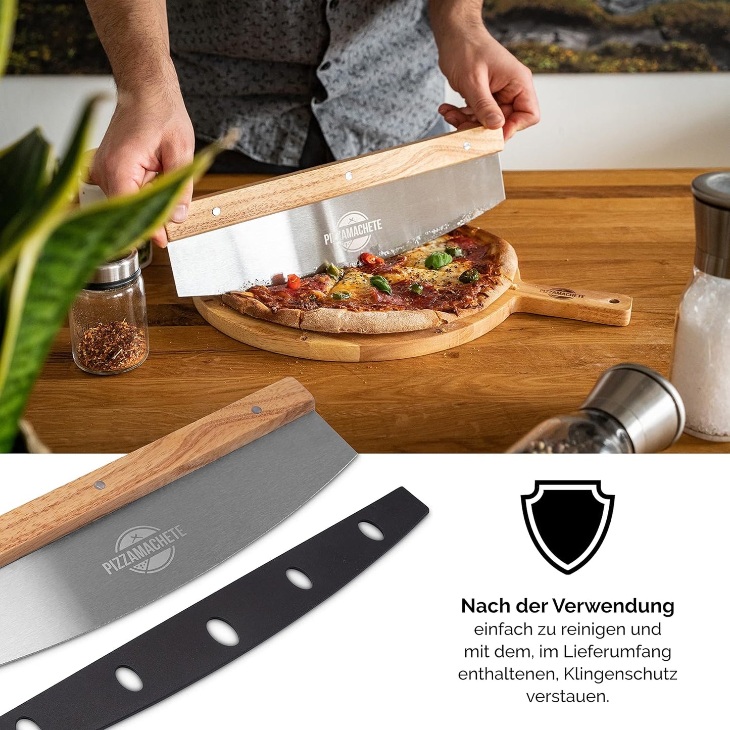 Pizzaschneider-Set mit Wiegemesser und Holzbrett