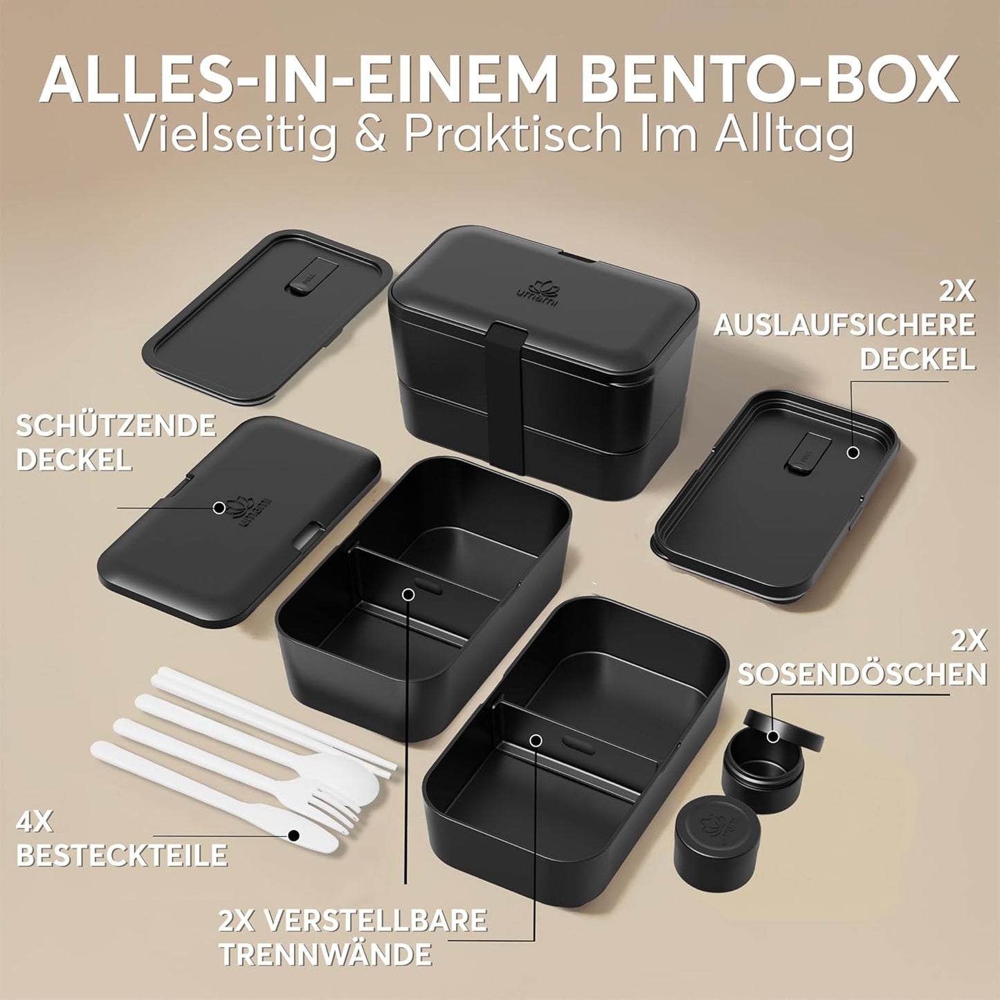 Bento Lunchbox mit Besteck & Fächern, Schwarzer Onyx L - 1500 ml