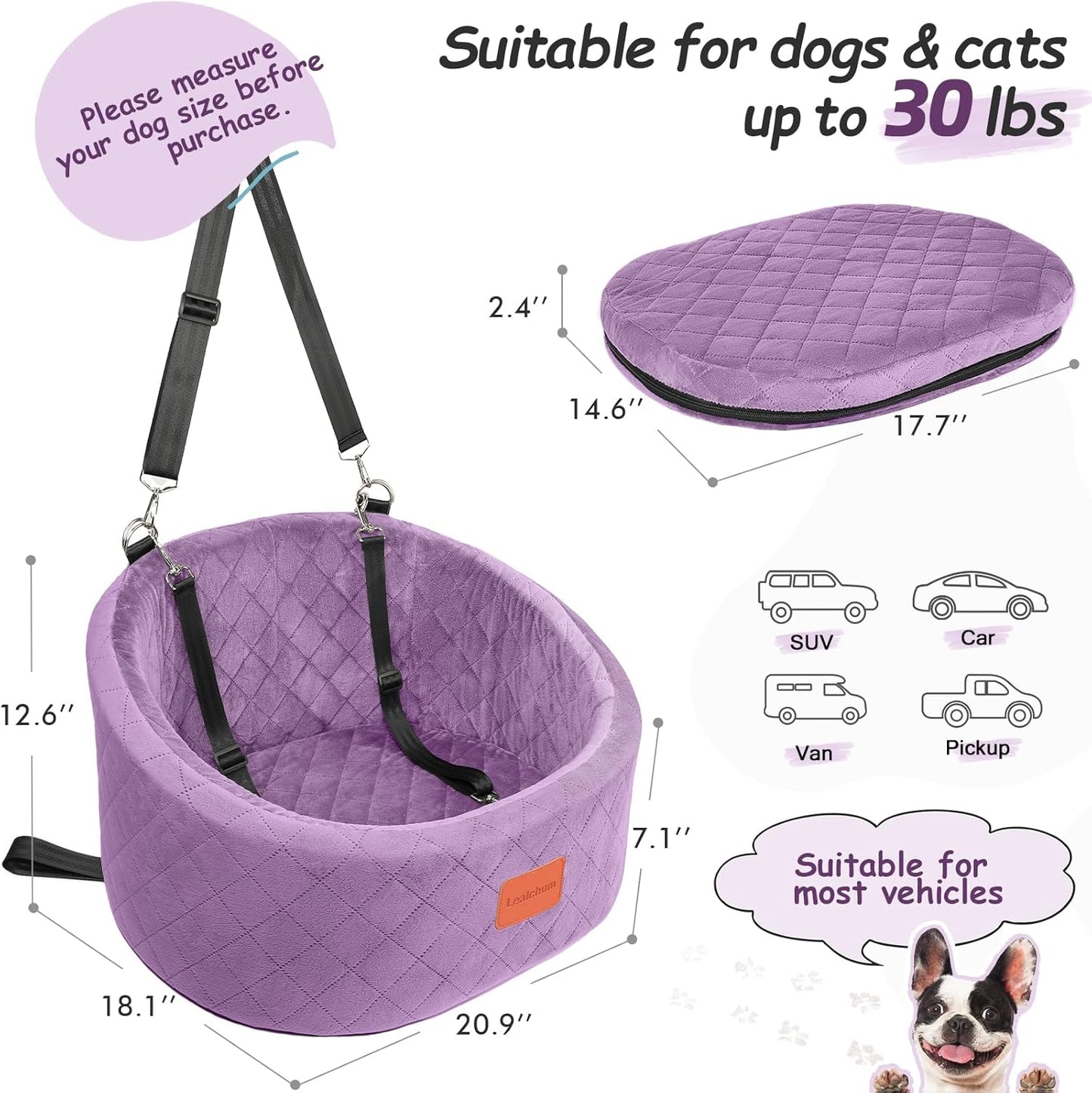 Bequemer Haustier-Autositz mit Sicherheitsleinen, Purple Small